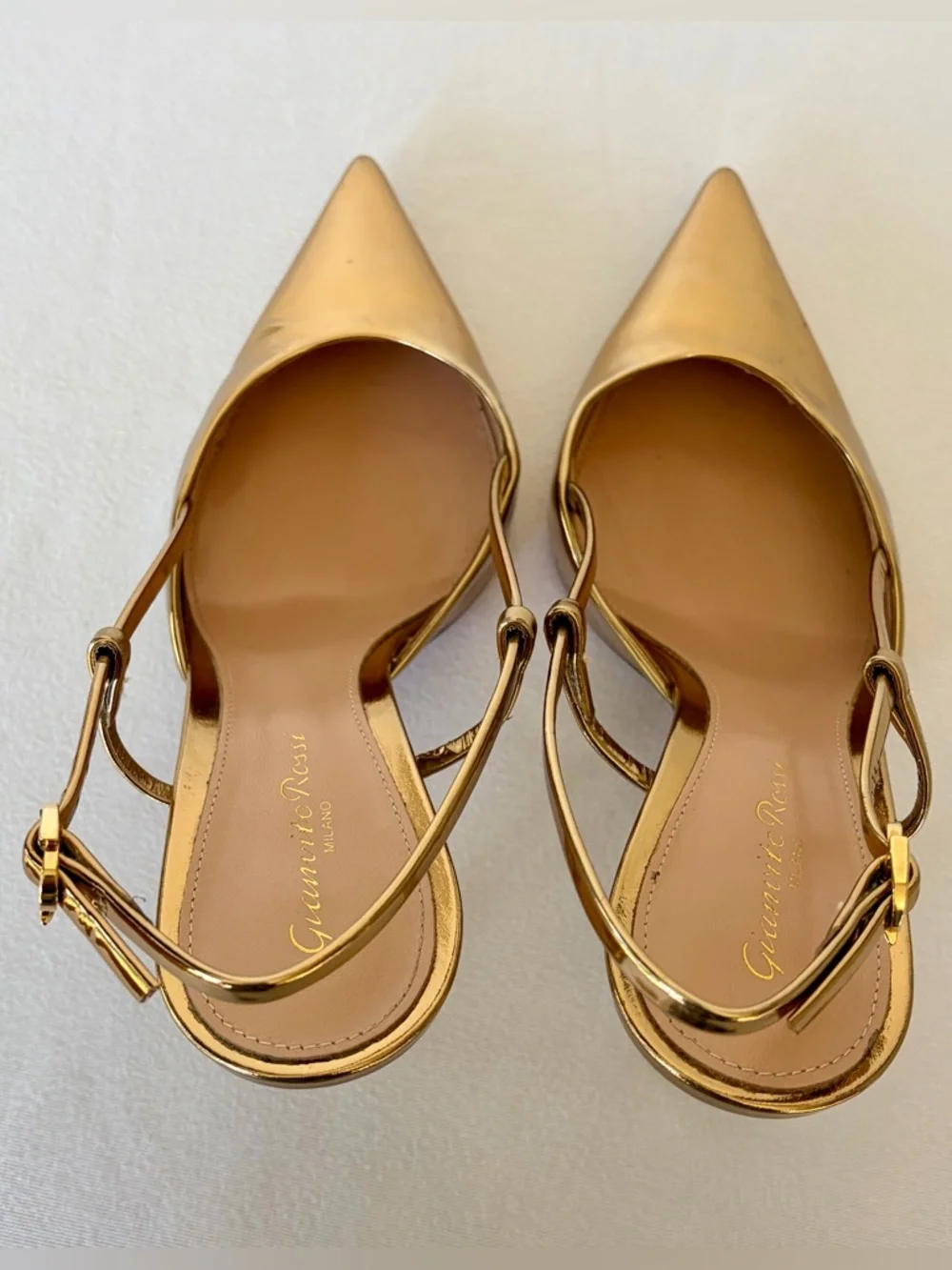 Gianvito Rossi Ascent Metallic Gold Pointed Slingback Heels, 38 (7.5), EUC